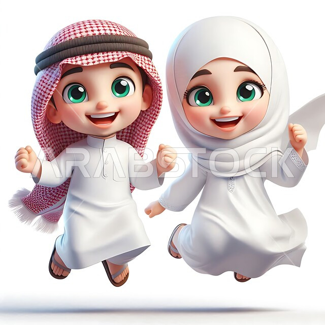 النظر إلى الكاميرا بإيماءات السعادة والسرور, رسوم كرتونية توضيحية ثلاثية الأبعاد لرجل عربي خليجي سعودي يرتدي الثوب التقليدي والشماغ يقفز مع زوجته بتعابير الحماس والفرح, خلفية بيضاء