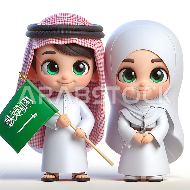 Flag Day March 11, Celebrating National Holidays and Occasions, Remembering Saudi National Day September 23, 3D illustration of a Saudi Arabian Gulf man wearing traditional thobe and shemagh standing with his wife holding the flag of the Kingdom of Saudi Arabia, white background