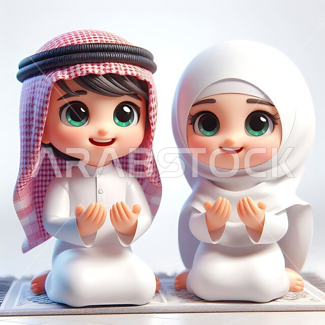 مفهوم العبادة والتقرب إلى الله تعالى, أداء فريضة الصلاة في وقتها, رسوم كرتونية توضيحية ثلاثية الأبعاد لرجل عربي خليجي سعودي يرتدي الثوب التقليدي والشماغ يصلي مع زوجته ويرفعا يديهما بتعابير الدعاء, خلفية بيضاء
