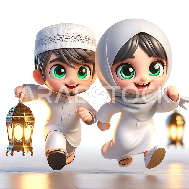 البهجة والسرور بقدوم شهر الخير, الاحتفال برمضان المبارك, الأجواء الرمضانية الروحانية,  رسوم كرتونية توضيحية ثلاثية الأبعاد لرجل عربي خليجي سعودي يرتدي الثوب التقليدي والطاقية البيضاء يركض مع زوجته ويحملان فانوس معدني مزخرف مضيء, خلفية بيضاء