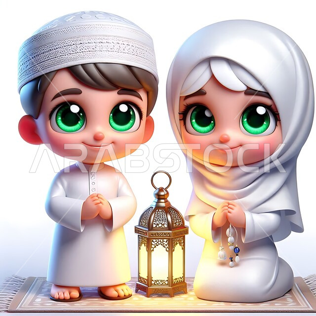 الاحتفال برمضان المبارك, البهجة والسرور بقدوم شهر الخير, الأجواء الرمضانية الروحانية,  رسوم كرتونية توضيحية ثلاثية الأبعاد لرجل عربي خليجي سعودي يرتدي الثوب التقليدي والطاقية البيضاء يقف مع زوجته ويضعان فانوس معدني مزخرف مضيء, خلفية بيضاء