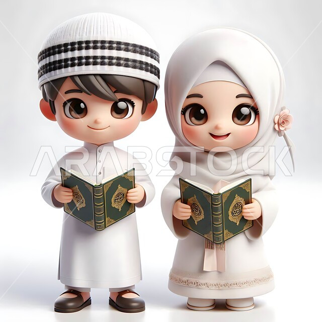 تلاوة سور القرآن الكريم, النظر إلى الكاميرا بإيماءات السعادة والسرور, مفهوم العبادة والتقرب إلى الله تعالى, رسوم كرتونية توضيحية ثلاثية الأبعاد لرجل عربي خليجي سعودي يرتدي الثوب التقليدي والطاقية البيضاء يقف مع زوجته ويحملان المصحف الشريف, خلفية بيضاء