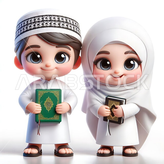 النظر إلى الكاميرا بإيماءات السعادة والسرور, تلاوة سور القرآن الكريم, مفهوم العبادة والتقرب إلى الله تعالى, رسوم كرتونية توضيحية ثلاثية الأبعاد لرجل عربي خليجي سعودي يرتدي الثوب التقليدي والطاقية البيضاء يقف مع زوجته ويحملان المصحف الشريف, خلفية بيضاء