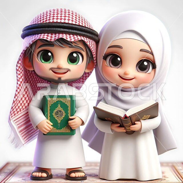 مفهوم العبادة والتقرب إلى الله تعالى, النظر إلى الكاميرا بإيماءات السعادة والسرور, تلاوة سور القرآن الكريم, رسوم كرتونية توضيحية ثلاثية الأبعاد لرجل عربي خليجي سعودي يرتدي الثوب التقليدي والشماغ يقف مع زوجته ويحملان المصحف الشريف, خلفية بيضاء