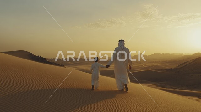 Sand formations, formations and dunes, soft golden sand in desert areas, vast expanses in the deserts of Saudi Arabia, back view of a Saudi Arabian Gulf Arab man wearing traditional thobe and white ghutra walking with his son in the desert