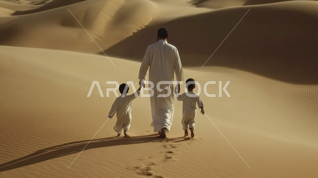 الرمال الذهبية الناعمة في المناطق الصحراوية, التشكيلات والتكوينات والكثبان الرملية, المساحات الواسعة في صحاري المملكة العربية السعودية, صورة من الخلف لرجل عربي خليجي سعودي يرتدي الثوب التقليدي يمشي مع ابنائه في الصحراء