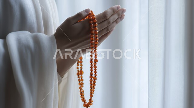 أذكار بعد الصلاة والتسبيح والتهليل، مفهوم التعبد في بيوت الرحمن, العبادة والتقرب إلى الله تعالى, أداء الفرائض الدينية الإسلامية, صورة مقربة ليد تحمل مسبحة من حبات الخرز بتعابير الدعاء