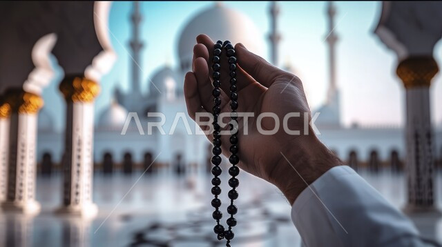 الفن الهندسي المعماري لبناء المساجد, أذكار بعد الصلاة والتسبيح والتهليل، مفهوم التعبد في بيوت الرحمن, العبادة والتقرب إلى الله تعالى, أداء الفرائض الدينية الإسلامية, صورة مقربة ليد تحمل مسبحة من حبات الخرز أمام المسجد