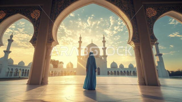 أداء الفرائض الدينية الإسلامية, مفهوم التعبد في بيوت الرحمن, العبادة والتقرب إلى الله تعالى, صورة من الخلف لامرأة عربية خليجية سعودية ترتدي الحجاب تقف داخل المسجد, الفن الهندسي المعماري لبناء المساجد