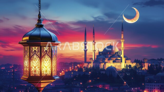 فانوس معدني مزخرف مضيء معلق, الأجواء الرمضانية الروحانية, مصابيح وأنوار عربية تقليدية, الاحتفال بالمناسبات الدينية الإسلامية, البهجة بقدوم رمضان المبارك, الفن الهندسي المعماري لبناء المساجد في المملكة العربية السعودية