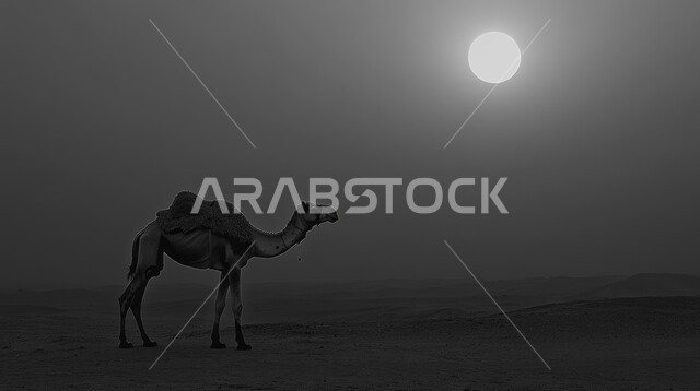 تربية الجمال في محميات طبيعية في المناطق الصحراوية, التشكيلات والتكوينات والكثبان الرملية, مزارع للاهتمام بالابل في صحاري المملكة العربية السعودية, صورة بالأبيض والأسود لجمل يقف على الرمال الذهبية الناعمة في الصحراء, رعاية الثدييات والمواشي