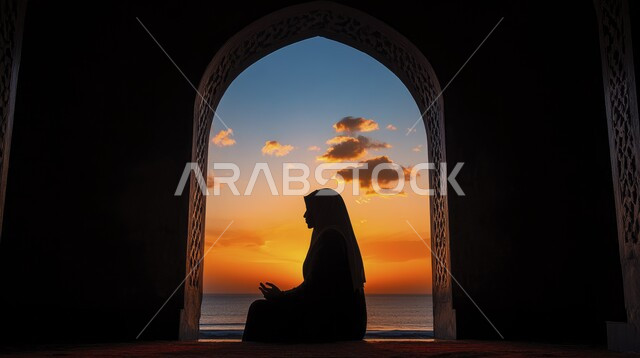 أداء الفرائض الدينية الإسلامية, الدعاء بخشوع وتضرع، مفهوم التعبد في بيوت الرحمن, العبادة والتقرب إلى الله تعالى, صورة ظلية من الجانب لامرأة عربية خليجية سعودية ترتدي الحجاب تصلي داخل المسجد وقت غرب الشمس, سالوليت