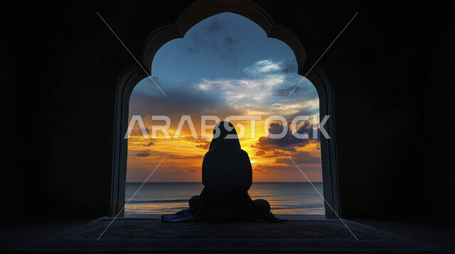 أذكار بعد الصلاة والتسبيح والتهليل، مفهوم التعبد في بيوت الرحمن, العبادة والتقرب إلى الله تعالى, صورة ظلية من الخلف لامرأة عربية خليجية سعودية ترتدي الحجاب تجلس داخل المسجد وتقوم بأداء الفرائض الدينية الإسلامية وقت غروب الشمس, سالوليت