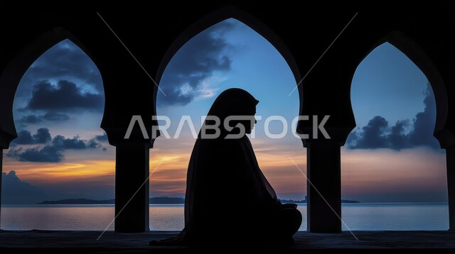 الدعاء بخشوع وتضرع, أداء الفرائض الدينية الإسلامية، مفهوم التعبد في بيوت الرحمن, العبادة والتقرب إلى الله تعالى, صورة ظلية من الجانب لامرأة عربية خليجية سعودية ترتدي الحجاب تصلي داخل المسجد وقت غروب الشمس, سالوليت