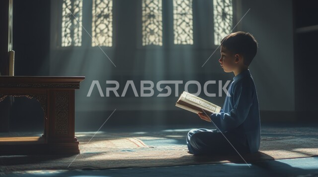 التمعن بالآيات القرآنية والتفكر بها، أداء الفرائض الدينية الإسلامية، مفهوم التعبد في بيوت الرحمن, العبادة والتقرب إلى الله تعالى, تلاوة سور القرآن الكريم, صورة من الجانب لولد عربي خليجي سعودي يرتدي الثوب التقليدي يجلس داخل المسجد ويمسك بيده المصحف الشريف