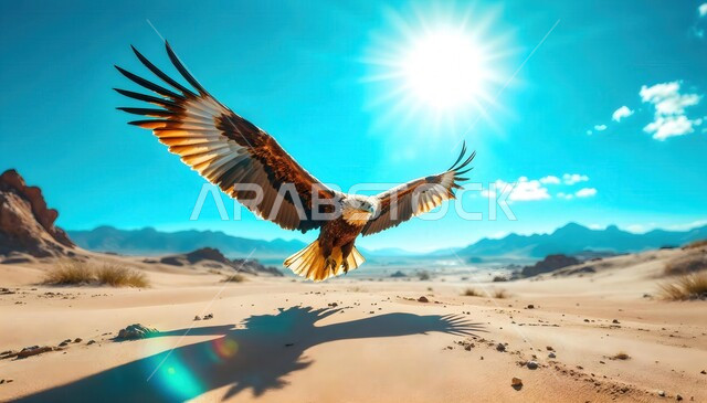 Training and taming birds of prey and predators, pride in the authenticity and antiquity of the ancient Saudi heritage, interest in raising eagles in the Kingdom of Saudi Arabia, an eagle in one of the desert nature reserves, a symbol of strength, challenge and sharp eyesight