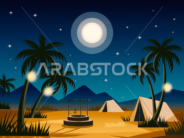 أجواء التخييم الشبابية الممتعة، المغامرات والكشتات البرية، خيام شعبية في المناطق الصحراوية، مخيمات سياحية في صحاري المملكة العربية السعودية، الطبيعة والرمال الذهبية الناعمة, نمو النباتات وأشجار النخيل