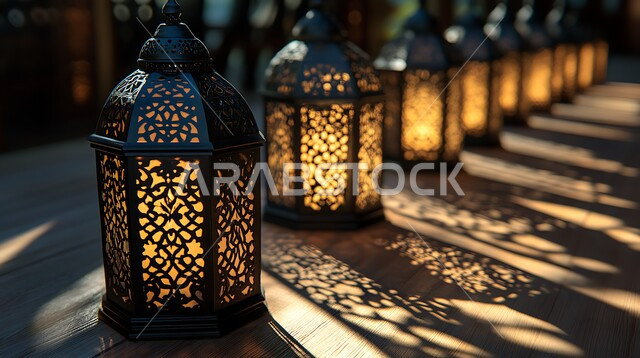 Joy of the coming of the month of goodness, Ramadan decorations and ornaments, illuminated decorative metal lanterns, spiritual Ramadan atmosphere, traditional Arabic lamps and lights, celebrating Islamic religious occasions
