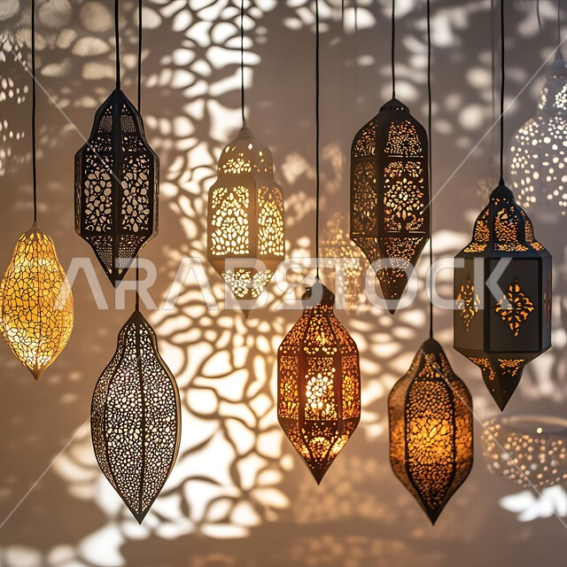 الاحتفال بالمناسبات الدينية الإسلامية, البهجة بقدوم شهر الخير, ديكورات وزينة رمضان المبارك, فوانيس معدنية مزخرفة مضيئة, الأجواء الرمضانية الروحانية, مصابيح وأنوار عربية تقليدية