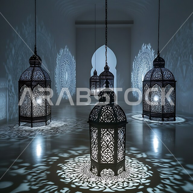 Traditional Arabic lamps and lights, celebrating Islamic religious occasions, joy of the coming of the month of goodness, Ramadan decorations and ornaments, illuminated decorative metal lanterns, spiritual Ramadan atmosphere