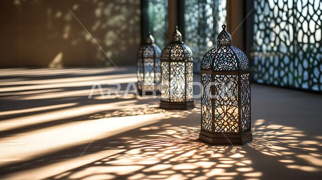 فوانيس معدنية مزخرفة مضيئة, الأجواء الرمضانية الروحانية, مصابيح وأنوار عربية تقليدية, الاحتفال بالمناسبات الدينية الإسلامية, البهجة بقدوم شهر الخير, ديكورات وزينة رمضان المبارك