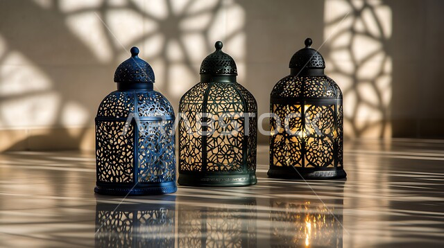 ديكورات وزينة رمضان المبارك, فوانيس معدنية مزخرفة مضيئة, الأجواء الرمضانية الروحانية, مصابيح وأنوار عربية تقليدية, الاحتفال بالمناسبات الدينية الإسلامية, البهجة بقدوم شهر الخير