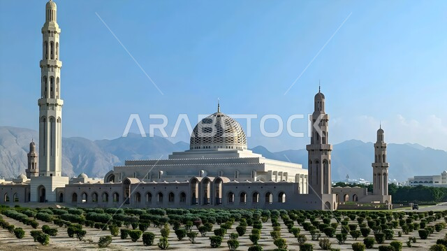 الفن الهندسي المعماري للمساجد على الطراز الإسلامي، زراعة الأشجار والنباتات في محيط جامع السلطان قابوس الأكبر في مسقط، العبادة والتقرب إلى الله تعالى، الأماكن والمعالم الإسلامية الدينية المشهورة في سلطنة عمان، دعوة المسلمين إلى أداء الصلاة