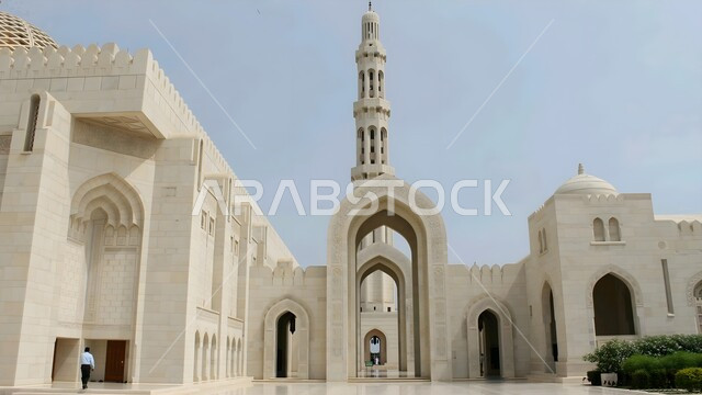 Islamic architectural art of mosques, worship and closeness to God Almighty, famous Islamic religious places and landmarks in the Sultanate of Oman, calling Muslims to perform prayers at the Sultan Qaboos Grand Mosque in Muscat
