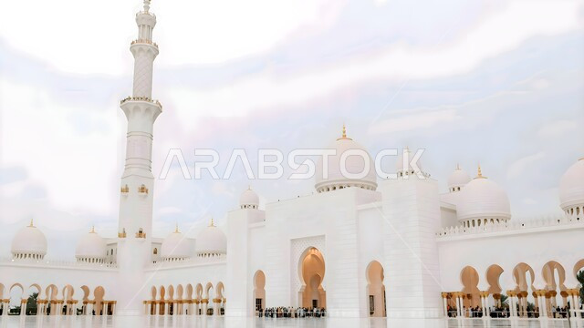The concept of worship and drawing closer to God Almighty, the architectural engineering art of building mosques in the Islamic style, the call of Muslims to perform religious duties and prayers, Islamic religious landmarks in the United Arab Emirates, Sheikh Zayed bin Sultan Al Nahyan Mosque in Abu Dhabi