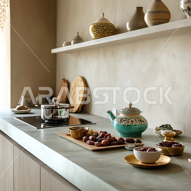 صينية مليئة بحبات التمر السكري الصحي في المطبخ، وجبة ذات قيمة غذائية عالية، ضيافة عربية تقليدية، أنواع من التمور الصحية واللذيذة, المنتجات المحلية الوطنية, جودة المحاصيل الزراعية في المملكة العربية السعودية, إبريق شاي نحاسي تقليدي