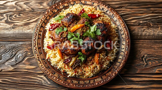 فنون تقديم الطعام في مطاعم المملكة العربية السعودية، وجبات وأطباق شعبية، صورة مقربة لطبق من أرز الكبسة مع الدجاج المزين بالأعشاب والتوابل العطرية, المأكولات الشرقية الشهية, وصفات الأطعمة التقليدية