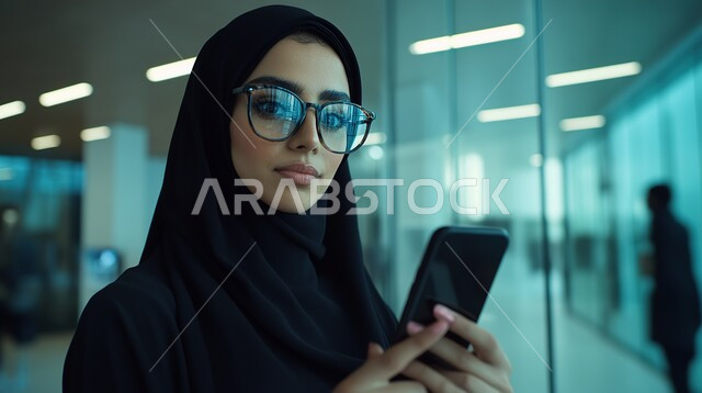 Smartphone applications, close-up of a smiling Saudi Arabian Gulf woman holding a mobile phone, having a good time exchanging news and conversations, communicating and checking on friends, answering and responding to messages