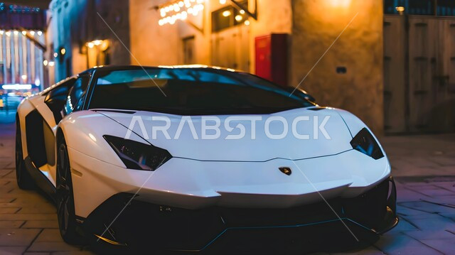 سيارة لامبورجيني بيضاء فخمة مركونة في احدى الشوارع, وسائل النقل البرية الحديثة, معرض السيارات المتميز في دولة الكويت, مركبة رياضية فاخرة، فعاليات ومعارض المركبات الأنيقة, العلامات التجارية المشهورة
