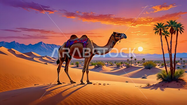 تربية ورعاية الجمال والإبل، المناظر الطبيعية في الصحاري، الأماكن الصحراوية وقت الغروب في المملكة العربية السعودية، القمم والكثبان الرملية في الصحراء، صورة  لجمل يسير على الرمال الذهبية الناعمة