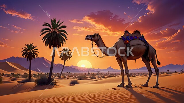 تربية ورعاية الجمال والإبل، المناظر الطبيعية في الصحاري، الأماكن الصحراوية وقت الغروب في المملكة العربية السعودية، القمم والكثبان الرملية في الصحراء، صورة  لجمل يسير على الرمال الذهبية الناعمة