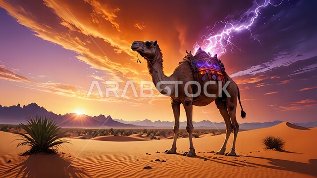 الأماكن الصحراوية وقت الغروب في المملكة العربية السعودية، القمم والكثبان الرملية في الصحراء، صورة  لجمل يسير على الرمال الذهبية الناعمة، تربية ورعاية الجمال والإبل، المناظر الطبيعية في الصحاري