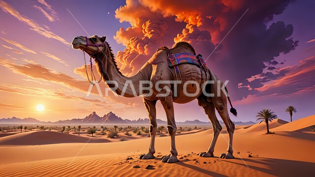 الأماكن الصحراوية وقت الغروب في المملكة العربية السعودية، القمم والكثبان الرملية في الصحراء، صورة  لجمل يسير على الرمال الذهبية الناعمة، تربية ورعاية الجمال والإبل، المناظر الطبيعية في الصحاري