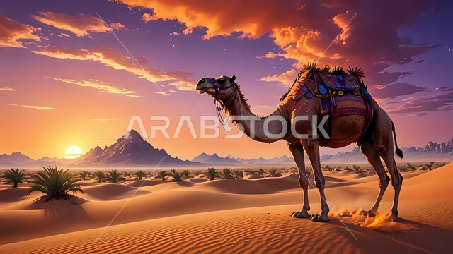 تربية ورعاية الجمال والإبل، المناظر الطبيعية في الصحاري، الأماكن الصحراوية وقت الغروب في المملكة العربية السعودية، القمم والكثبان الرملية في الصحراء، صورة  لجمل يسير على الرمال الذهبية الناعمة