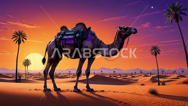 تربية ورعاية الجمال والإبل، المناظر الطبيعية في الصحاري، الأماكن الصحراوية وقت الغروب في المملكة العربية السعودية، القمم والكثبان الرملية في الصحراء، صورة  لجمل يسير على الرمال الذهبية الناعمة