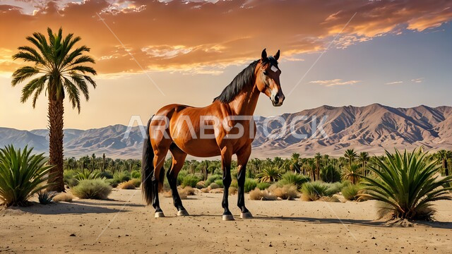 مفهوم الاهتمام بتربية الخيول، الاماكن والمناطق الصحراوية، خيل عربي أصيل بني اللون يقف على الرمال الناعمة وقت غروب الشمس، العناية بالفرس في المملكة العربية السعودية