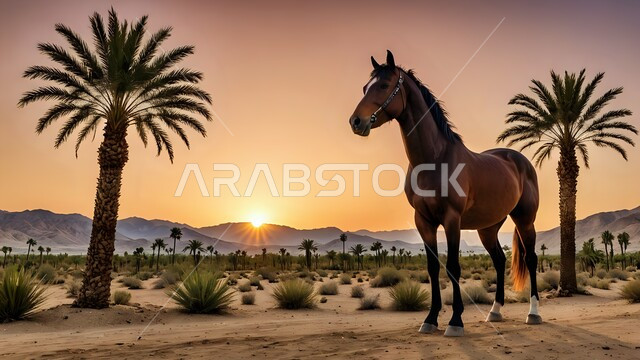مفهوم الاهتمام بتربية الخيول، الاماكن والمناطق الصحراوية، خيل عربي أصيل بني اللون يقف على الرمال الناعمة وقت غروب الشمس، العناية بالفرس في المملكة العربية السعودية