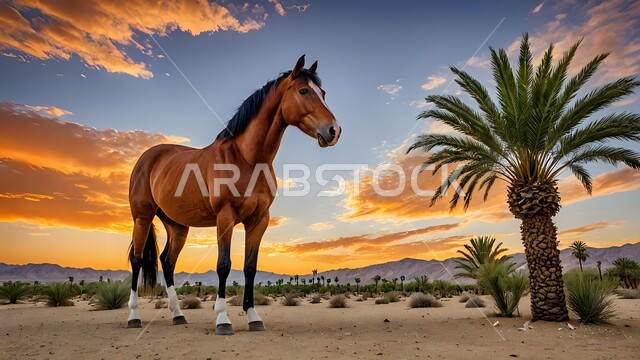 مفهوم الاهتمام بتربية الخيول، الاماكن والمناطق الصحراوية، خيل عربي أصيل بني اللون يقف على الرمال الناعمة وقت غروب الشمس، العناية بالفرس في المملكة العربية السعودية