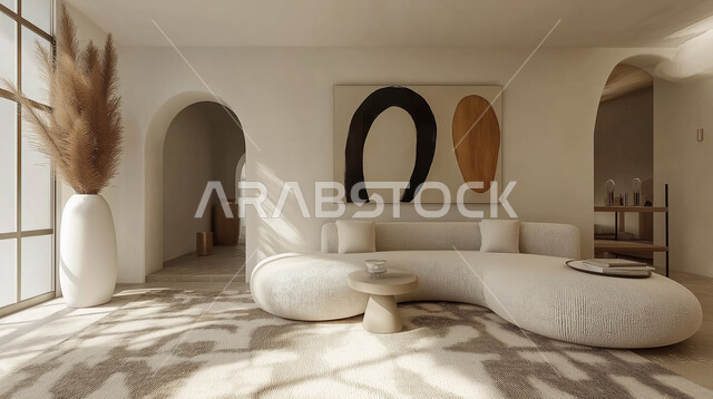 التحف والديكورات الداخلية الأنيقة، غرف معيشة بتصاميم عصرية حديثة, غرفة جلوس فاخرة، أثاث منزلي راقي ومريح بألوان هادئة, ديكورات عصرية ومبتكرة للشقق والفلل السكنية في المملكة العربية السعودية، اللوحات الفنية المعلقة