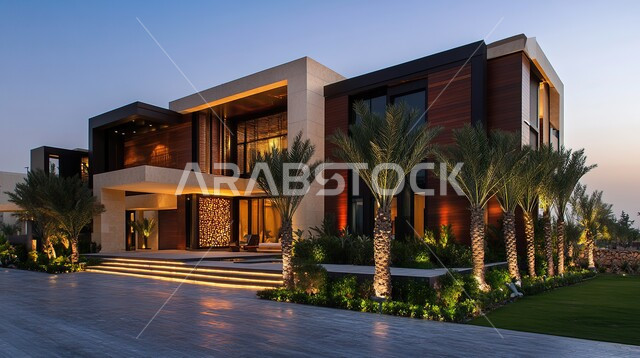 Glass facades and large windows, interest in planting plants and trees in the home garden, distinctive modern exterior decorations and designs in the modern style, architectural engineering art and advanced design for residential villas in the Kingdom of Saudi Arabia