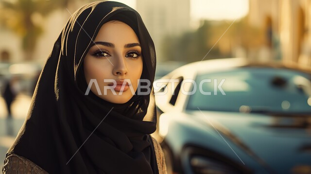 ملابس محجبات عصرية راقية، مفهوم الأنوثة والنعومة، الاهتمام بالمظهر الخارجي والأناقة، صورة مقربة لامرأة عربية خليجية سعودية محجبة تنظر إلى الكاميرا بايماءات الثقة بالنفس والسرور