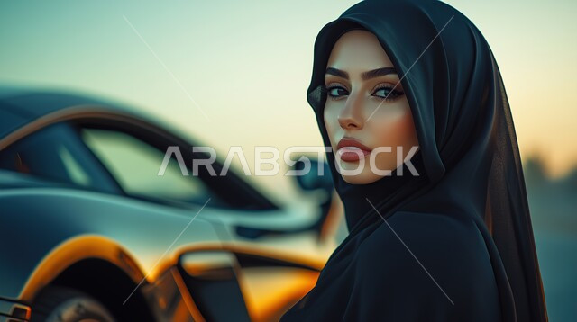 ملابس محجبات عصرية راقية، مفهوم الأنوثة والنعومة، الاهتمام بالمظهر الخارجي والأناقة، صورة مقربة لامرأة عربية خليجية سعودية محجبة تنظر إلى الكاميرا بايماءات الثقة بالنفس والسرور