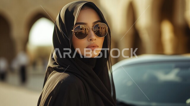 ملابس محجبات عصرية راقية، مفهوم الأنوثة والنعومة، الاهتمام بالمظهر الخارجي والأناقة، صورة مقربة لامرأة عربية خليجية سعودية محجبة تنظر إلى الكاميرا بايماءات الثقة بالنفس والسرور