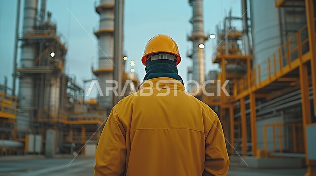 متابعة وإدارة عملية وصول البضائع، مفهوم النقل البحري عبر الباخرات, صورة من الخلف لمهندس عربي خليجي سعودي يرتدي سترة وخوذة الحماية يقوم بالإشراف على شحن الحاويات التجارية والكونتينرات, الاستيراد والتصدير حول العالم