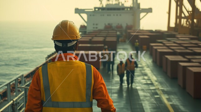 الاستيراد والتصدير حول العالم, متابعة وإدارة عملية وصول البضائع، مفهوم النقل البحري عبر الباخرات, صورة من الخلف لمهندس عربي خليجي سعودي يرتدي سترة وخوذة الحماية يقوم بالإشراف على شحن الحاويات التجارية والكونتينرات