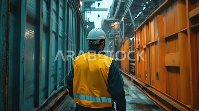 The concept of maritime transport via ships, monitoring and managing the process of goods arriving, a picture from the back of a Saudi Arabian Gulf engineer wearing a protective jacket and helmet supervising the shipment of commercial containers and containers, import and export around the world
